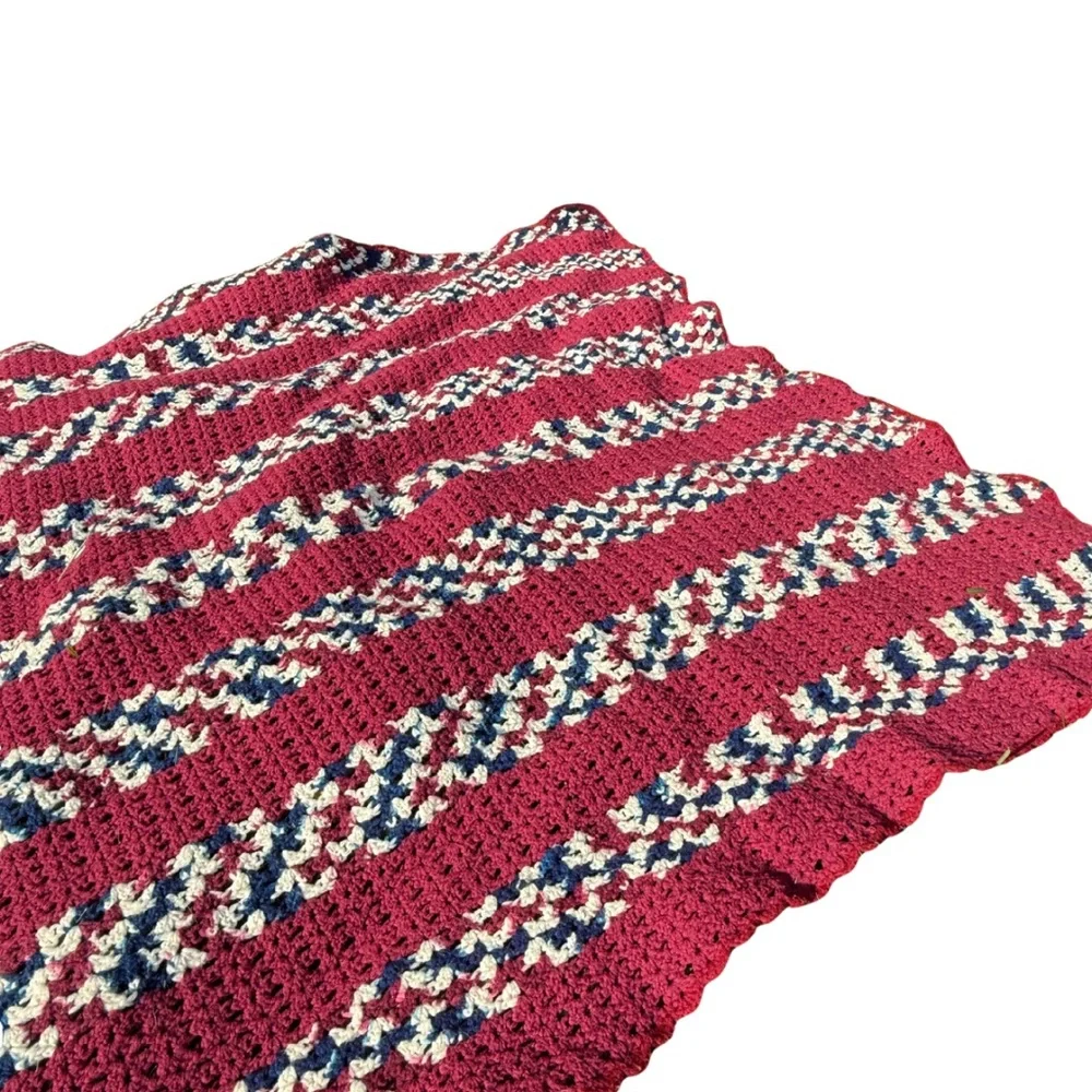 Vintage Handmade‎ Crochet Afghan Blanket Red White Blue 56” Square Throw